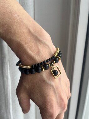 SAMATA STONES -Ayurvedic- Yoga 2pc Genuine Matte Onyx & Gold-Tone Bracelet Stack